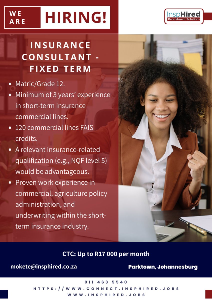 InspHiredSA's tweet image. Our client in the Financial Services industry is currently looking for an Insurance Consultant for a 12-months Fixed Term Contract, in Parktown, Johannesburg.

Apply via the link below:
app.insphired.jobs/jobs/cmm24i6jh…

#FinancialServices #InsuranceConsultant #FixedTerm #Parktown
