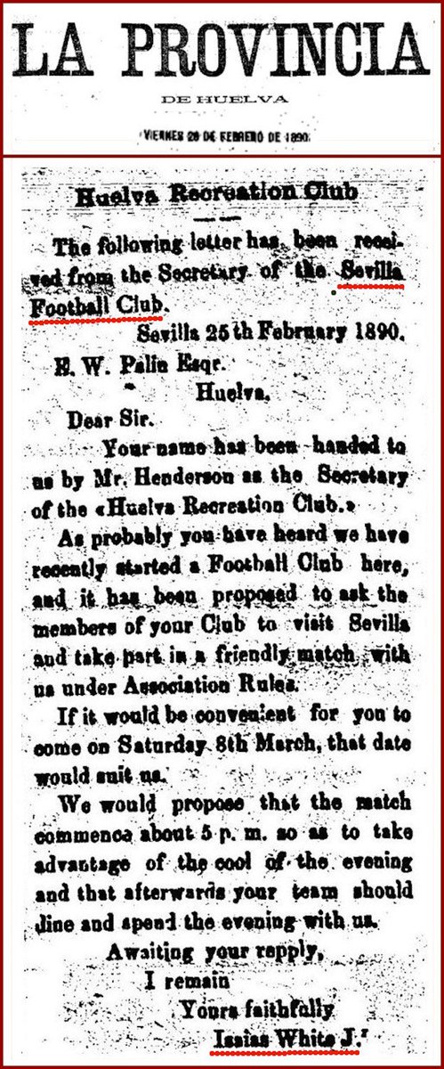✉️ Sevilla, 25 de febrero de 1890.

#TalDíaComoHoy, el sevillano Isaías White Méndez, primer secretario del <a href="/SevillaFC/">Sevilla Fútbol Club</a>, redactaba la carta que daría lugar a la disputa del primer partido de fútbol jugado en España entre dos clubes.

“The following letter has been received from