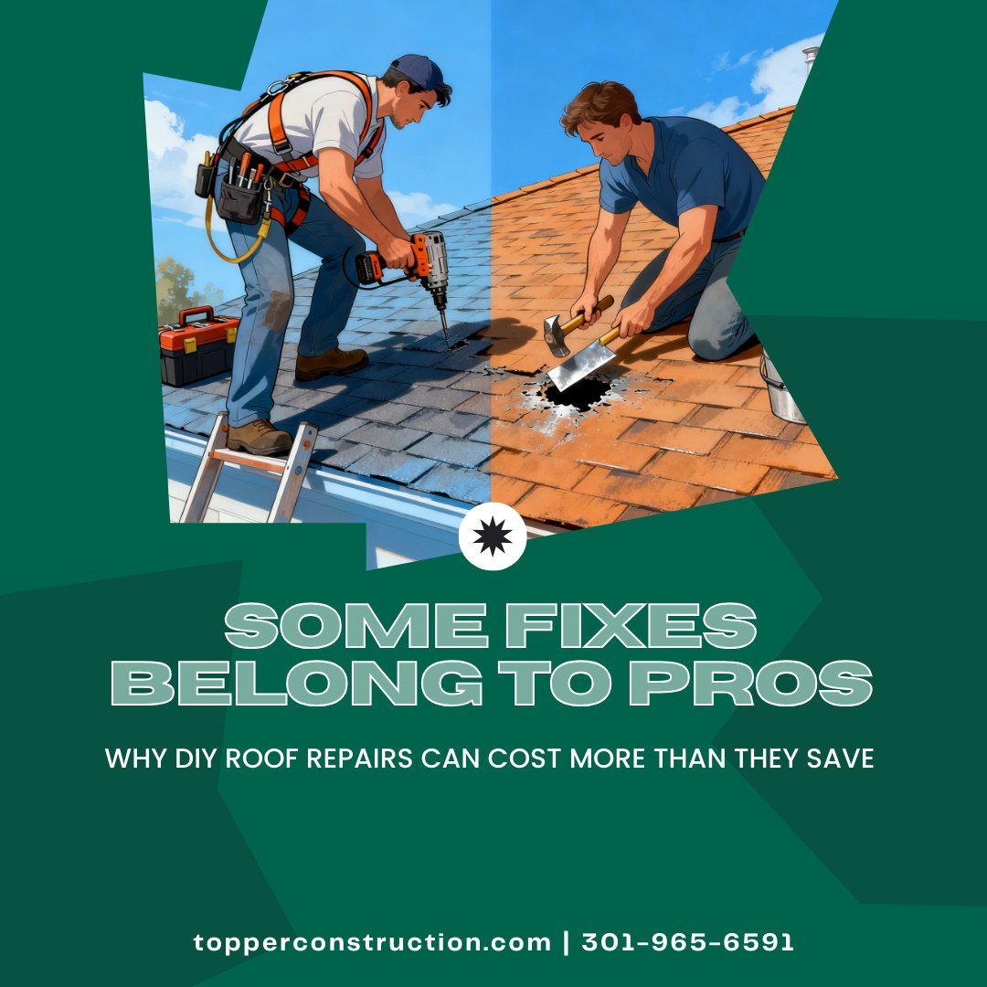 TopperConstruc's tweet image. DIY roof repairs look easy until the roof starts leaking.

Improper techniques can lead to damage, leaks, and higher costs later.
➡️ topperconstruction.com/roofing/avoidi…

#TopperRoofing #RoofingMistakes #HomeCare