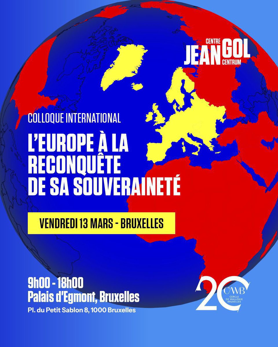 MR_officiel's tweet photo. 🌍 Colloque international : L’Europe à la reconquête de sa souveraineté

💬 Le 13 mars 2026, de 9h à 18h, au Palais d’Egmont à Bruxelles, le @CentreJeanGol organise une grande journée de réflexion consacrée à l’avenir stratégique de l’Europe.

🇪🇺 Face aux dépendances énergétiques, industrielles, technologiques et sécuritaires, notre continent doit retrouver la maîtrise de son destin. Compétitivité, autonomie stratégique, relance économique : il est temps d’agir.

💡 Ministres, commissaires européens, dirigeants d’entreprise et experts internationaux débattront des réformes nécessaires pour renforcer la puissance européenne et garantir notre souveraineté.

🗣️ Georges-Louis Bouchez clôturera cette journée consacrée à une Europe plus forte, plus libre et plus ambitieuse.

📍 Palais d’Egmont – Place du Petit Sablon 8, 1000 Bruxelles

🎟️ Inscription nécessaire :
https://t.co/ZSSrDvrxOX

✍🏼 Vous voulez une Europe souveraine et compétitive ? Rejoignez-nous : https://t.co/jwf7r8FvUt

#MR #PresidenceMR #SouveraineteEuropeenne #FierDetreLiberal