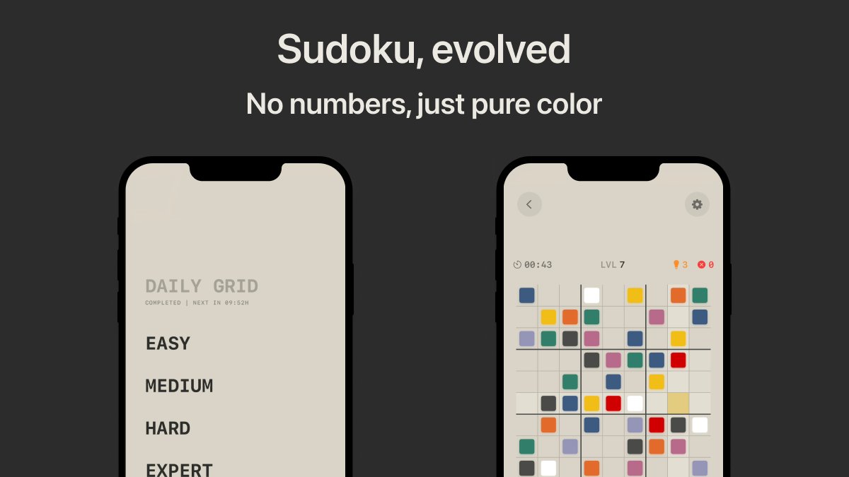 Hue9 is live: Sudoku, reimagined with colors.

A clean daily logic puzzle with smooth gameplay, leaderboards, streak reminders, and a Pro mode for deeper play.

If you enjoy smart puzzle games, try it: 

apps.apple.com/es/app/hue9-co…

 #iOS #indiedev #puzzle #game