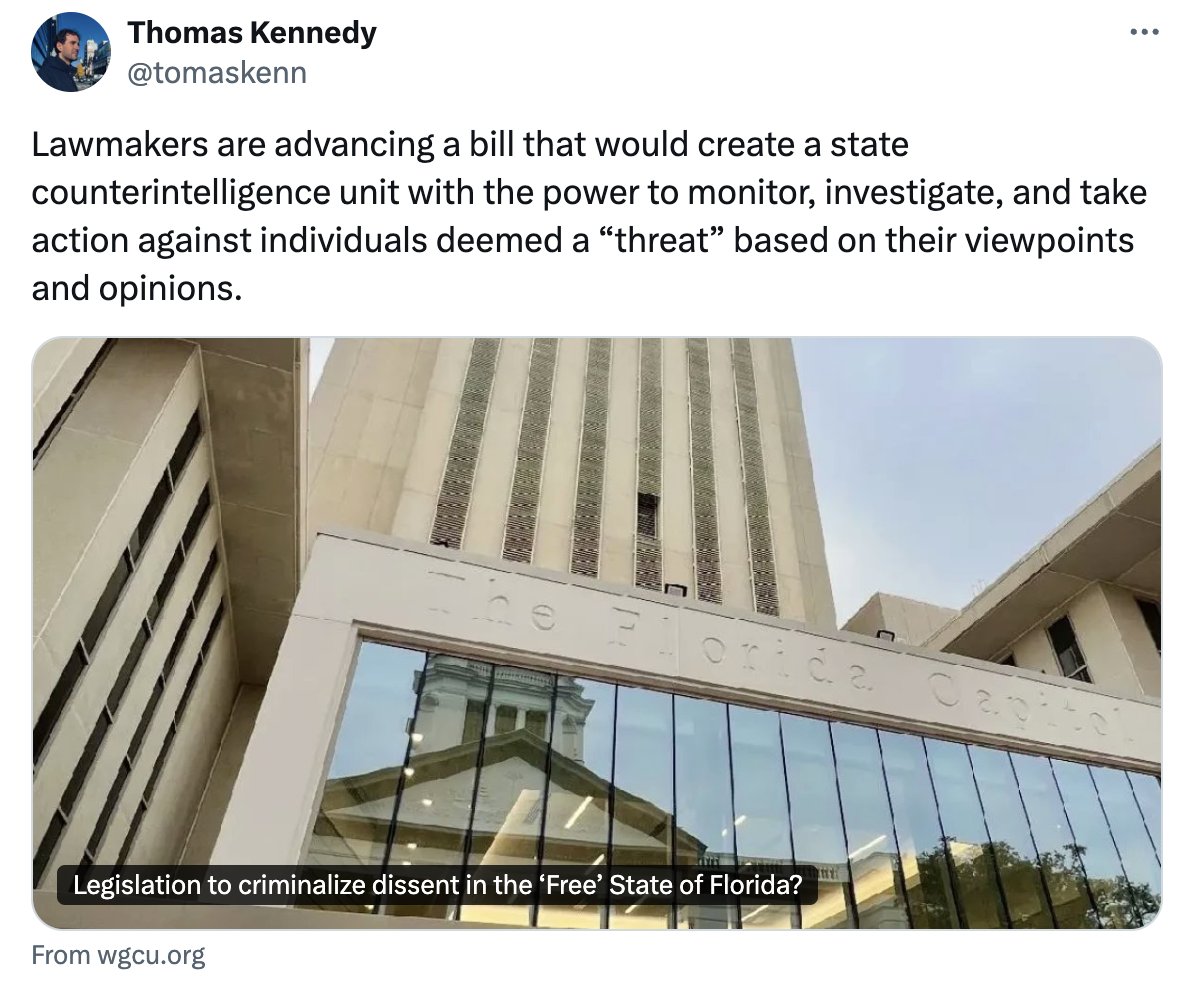 steadystate2025's tweet photo. Both NSPM‑7 and the new Florida bills build machinery to reframe dissent as “national security” or “terrorism,” using vague, ideology‑driven definitions and multi‑agency enforcement. Those vague terms invite viewpoint‑based policing, turning protected advocacy into “pre‑criminal” or “terroristic” activity, and they fuse intel collection, law enforcement, and financial pressure to monitor, stigmatize, and dismantle disfavored movements.

https://t.co/jgBjfP0Up4

https://t.co/tpO5NdGZal