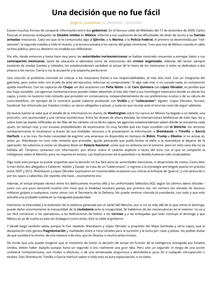 No hubo necesidad de esgrimir una amenaza no disponible en tiempos de Biden, Trump u Obama: si no actúas tú, actúo yo. Sheinbaum no tuvo más remedio que proceder, quizás pensando que podía limitar el daño a la investidura al alejarse de la operación. <a href="/El_Universal_Mx/">El Universal</a>