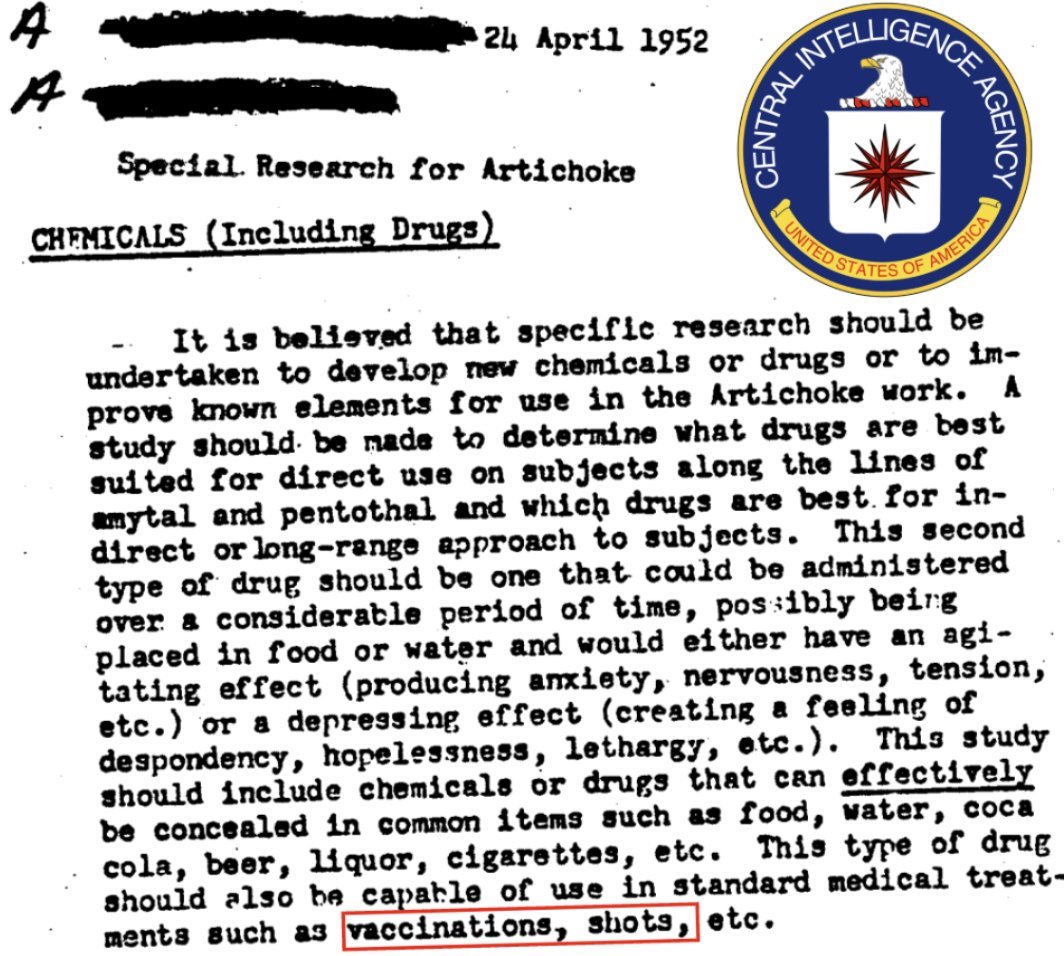 Documentos desclasificados de la CIA revelan planes de 1952 para controlar el comportamiento (inducir depresión, ansiedad, letargo) mediante sustancias químicas administradas de forma encubierta mediante vacunas, alimentos y agua.  
Desde 2021, el 70% de la humanidad recibió un