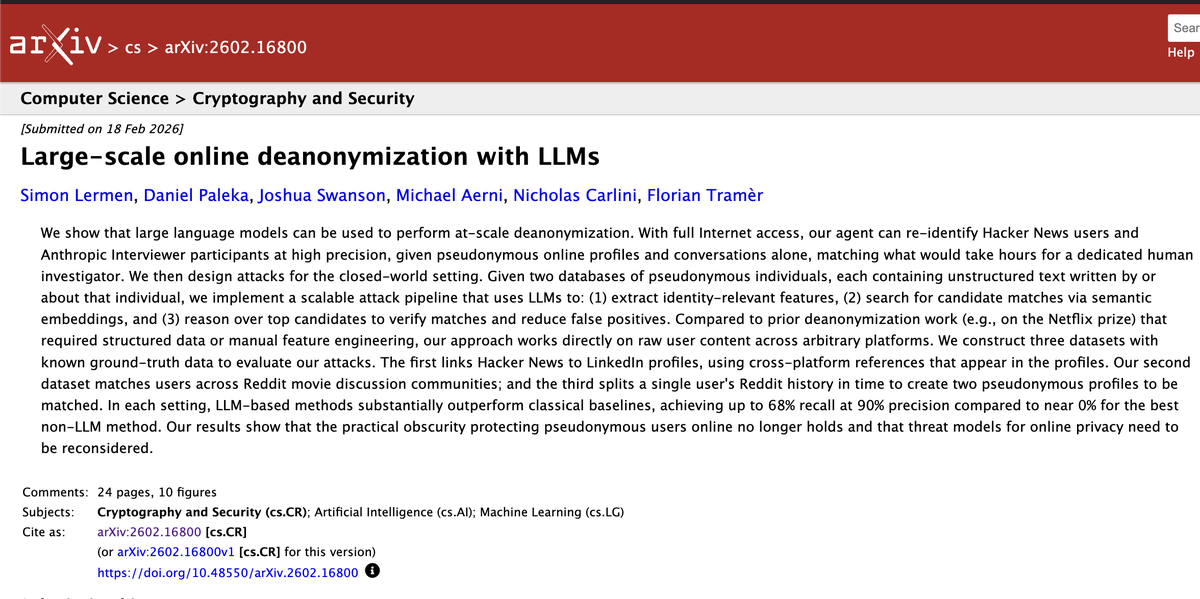 and there you go, LLMs have now made progress in doxing pseudonymous identities

basically all chains (btc, eth, sol) rely on pseudonymous identities

everything you do onchain now will be linked to your IRL identity in the future

this is not a drill. encrypt your money