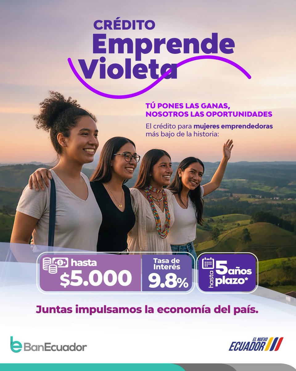 MinGobiernoEc's tweet photo. Potenciamos las capacidades de las mujeres para promover su participación en la economía.
El #CréditoEmprendeVioleta tiene la tasa más baja de la historia: 9,8%.
💜Un financiamiento justo para que sigan transformando el país con su trabajo.✨

Requisitos: https://t.co/whQM6SdHFU https://t.co/ln1j5gBIqQ