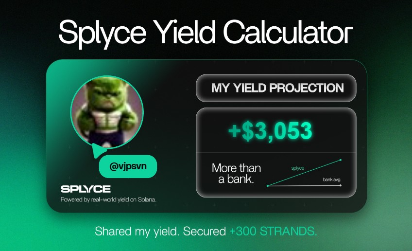 vjpsvn's tweet photo. Just tested the real-world yield calculator from @SplyceFi.

My numbers came out +2,928.23% higher than leaving it in a bank.

Check yours: https://t.co/eBc7LQUe0i https://t.co/VKrsVc7QB8