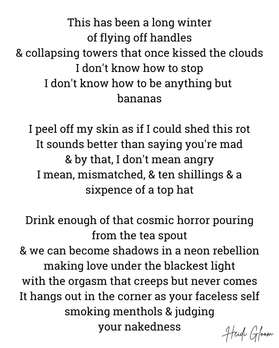 HMNolanbooks's tweet photo. This has been a long winter
of flying off handles
& crumbling towers that once kissed the clouds
I don't know how to stop
I don't know how to be anything but
bananas
#neonrebellion #poetry #vsspoem #vss365 #wordprompt #freeverse https://t.co/DZLb2d0res