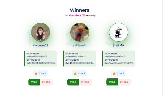 Update <a href="/TheMischiefNFT/">The Mischief</a> Giveaway

This is Winner list For GTD Spot : 
<a href="/nimonana21/">Kylarubyjane 🌊$RIVER</a> 
<a href="/udinbandit/">Udin Bandit | BoolNetwork</a> 
<a href="/jimsky99/">jimskyyy</a>