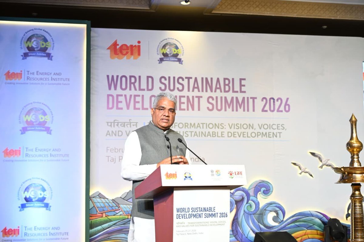 airnewsalerts's tweet photo. Minister of Environment, Forest and Climate Change, Bhupender Yadav, speaks at the inaugural session of The Energy and Resources Institute-TERI's World Sustainable Development Summit (#WSDS) in New Delhi.

Union Minister says that India is advancing systemic reforms across four strategic pillars, which are energy transformation, sustainable economic transition, nature-based solutions and digital environmental governance.

@moefcc @byadavbjp