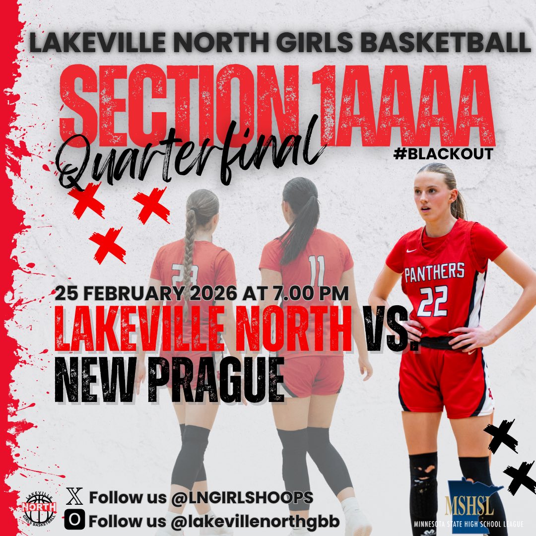 LNGirlsHoops's tweet photo. Section 1AAAA Quarterfinal is presented by Toppers Pizza!!

🆚 New Prague 
⏰ 7:00 pm 
📍 Lakeville North High School
🖤 Theme:  Blackout
📺 https://t.co/FxWE6MwHKD
🔗 https://t.co/IcauJzBeZS

#GiveEverything #RoadtoState🐾 https://t.co/8GcU4IhSon