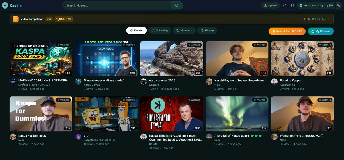 Well within 30 minutes it's already been done. The main page is filled. But it's only the start!
These are officially the first 10 videos uploaded on Kasshi.io
Remember, you can still compete to win 2000KAS by uploading the video with the most likes by Sunday!

$KAS