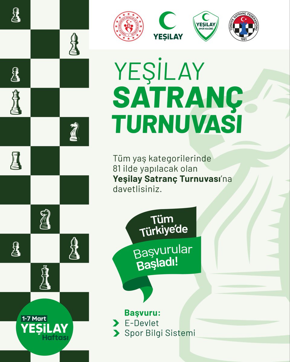 Sağlıklı ve bağımsız bir gelecek için hamleni yap. ♟️ 💚

📅 1–7 Mart 2026
🖥️ Başvuru: e-Devlet Spor Bilgi Sistemi
#Yeşilay #SatrançTurnuvası #bağımsızlıkseferberliği