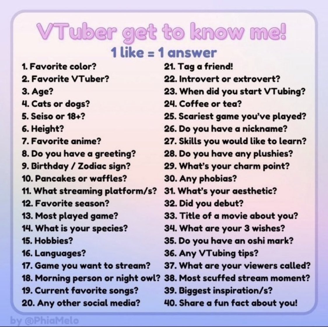 It’s been a while since I’ve done one of these! Feel free to comment a number and I’ll just answer that way :3