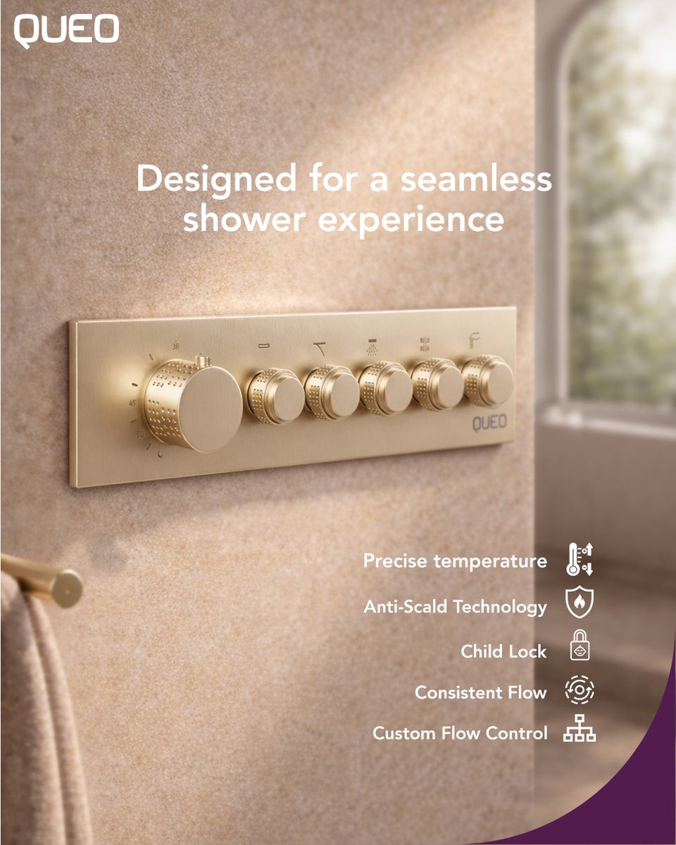 queobathrooms's tweet image. The 5-way thermostat, where engineering meets everyday comfort, built to deliver steady warmth, smooth flow, and smart safety so your shower stays balanced and comfortable.

#Queo #ThermostaticControl #BathroomInnovation #LuxuryBath #EngineeredComfort #ModernBathrooms