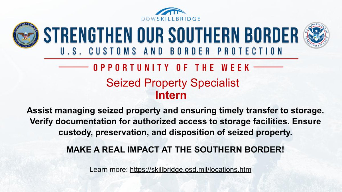 DoWMCTO's tweet image. DoW SkillBridge Opportunity of the Week: ​Intern as a Seized Property Specialist!​

Manage seized property with CBP.​

Strengthen the Southern Border!​

skillbridge.osd.mil​

#StrengthenOurSouthernBorder #DoWSkillBridge #DHS #MilitaryTransition #MCTO