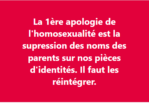 🇸🇳Le jour où la loi de durcissement des peines contre l'homosexualité sera promulguée l'état du🇸🇳 devra réintégrer les prénoms et noms des parents supprimés des pièces d'identités en faveur de l'agenda LGBTQ. Cette suppression est le 1er acte d'apologie de l'homosexualité.