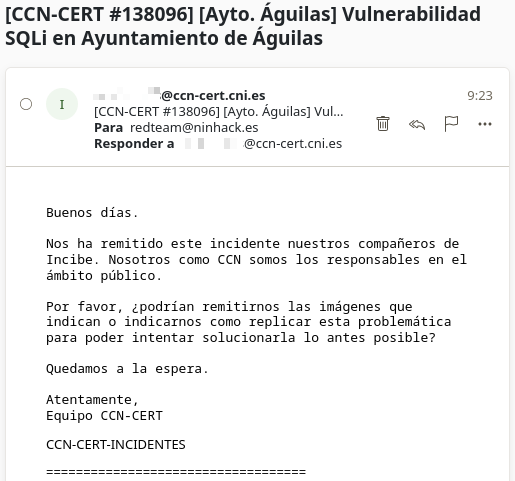 _Ninhack's tweet photo. Tras reportar la vulnerabilidad del Ayuntamiento de Águilas a @INCIBE @incibe_cert recibimos respuesta y se pondrán en contacto con ellos para que pongan una solución.

Cuando tengamos constancia de que la vulnerabilidad se ha corregido lo comunicaremos.

https://t.co/C7V9gN5CNc https://t.co/XSPruc7DLN