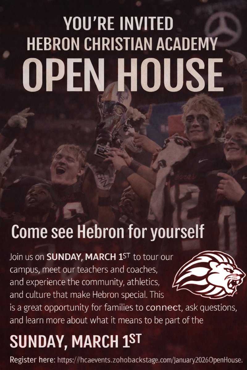 Come visit Hebron Christian Academy this Sunday March 1st!

Sign up below: hcaevents.zohobackstage.com/January2026Ope…

<a href="/CoachTFoster/">Timothy Foster</a> <a href="/Terrencemelton/">Terrence Melton</a> <a href="/Danny__mejia/">Danny Mejia</a>