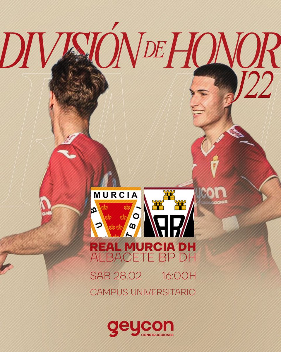 JUVENIL DH REAL MURCIA | ☑️ ¡𝗛𝗢𝗥𝗔𝗥𝗜𝗢 𝗖𝗢𝗡𝗙𝗜𝗥𝗠𝗔𝗗𝗢!
3⃣ ¡A por la tercera victoria consecutiva! 

🆚 <a href="/AcademiaABP/">AcademiaABP</a> 
🏟️ Campus <a href="/UMU/">Universidad Murcia</a> 
🗓️ Sábado 28/02 
🕓 16:00h 
📋 J22 #DivisióndeHonor G.VII  
🎫 ¡Entradas disponibles!
🎟️ realmurcia.compralaentrada.com/eventos/
#⃣ #RealMurciaAlbacete