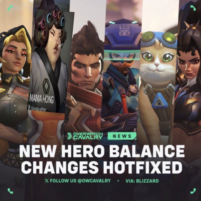 MamaHongUpdates's tweet photo. New Hero Changes Hotfixed in #Overwatch ✨

🦾 Domina
General:
→ Ultimate Charge cost increased by 12%.

🔪 Mama Hong
Manslaughter:
→ Length extended by 2 seconds.

💥 Emre
Synthetic Burst Rifle:
→ Damage increased from 20 to 22. https://t.co/sVaEFy0nmh