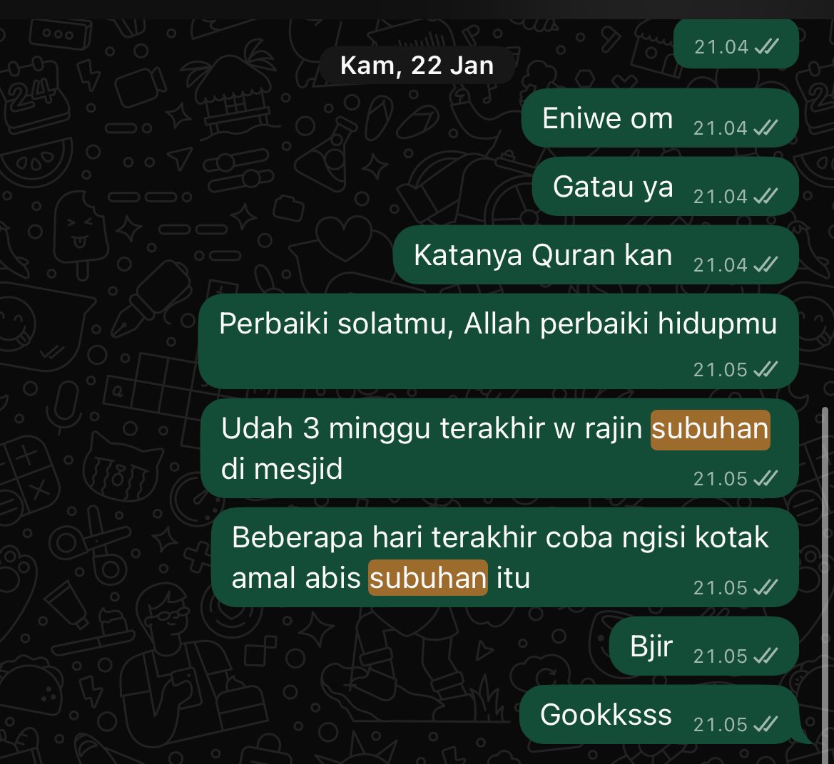Jujur tahajud &amp; sedekah subuh bener-bener miraclenya di luar pikiran manusia!!!

Selama ini w bisa bangun dini hari tu alasannya cuma 2:

1. Nonton Inter
2. Jemput ayangbeb dari stasiun

Nah waktu kemaren Januari, w coba tiap malem sebelum tidur baca doa dan w akhiri 'Ya Allah