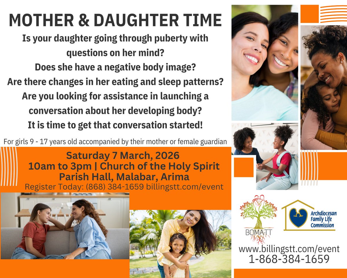 BillingsMethod's tweet photo. It's Mother and Daughter Time - Arima🇹🇹

Sat 7 March, 2026
10am-3pm 
Parish Centre of the Church of the Holy Spirit, Malabar, Arima

Register here: https://t.co/7QnNA0Rod8 https://t.co/1Fz4fFPcRs