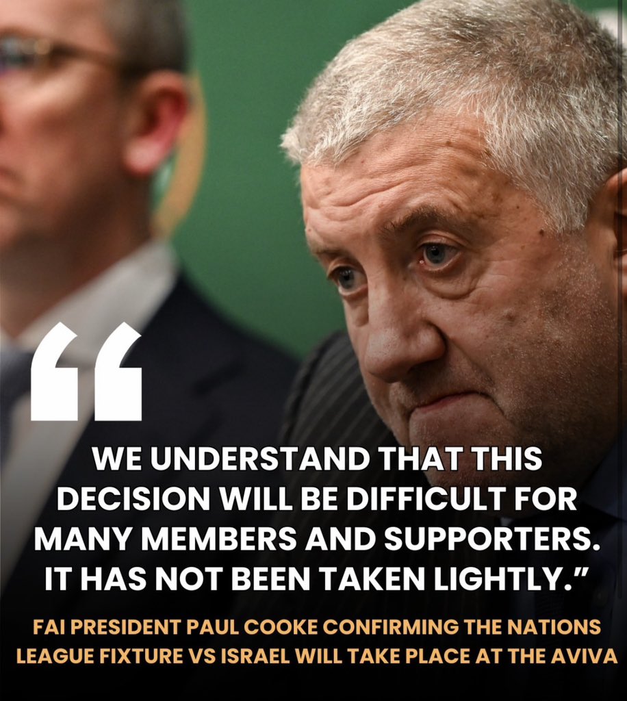 An absolute total whitewash by the FAI and our government of:

- UEFA rules
- The FAI general assembly
- Apartheid
- War crimes

It's inconceivable that the FAI/Govt isn't being threatened into this. 

It flies against our humanity itself.

It must be stopped by all decent people