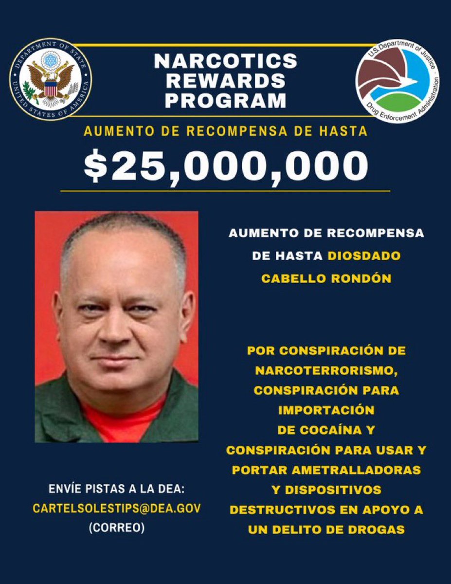WellingMichael's tweet photo. #DiosdadoCabello @elhabito : Every post wounds his pride, reminding him that he will be the next Maduro: captured and defeated. $25 million for information that brings him down! 📩 Send anonymous tips to CartelSolesTips@dea.gov Let's end this threat, act now! 🇻🇪 RT if you agree https://t.co/JWU80dsY8Q