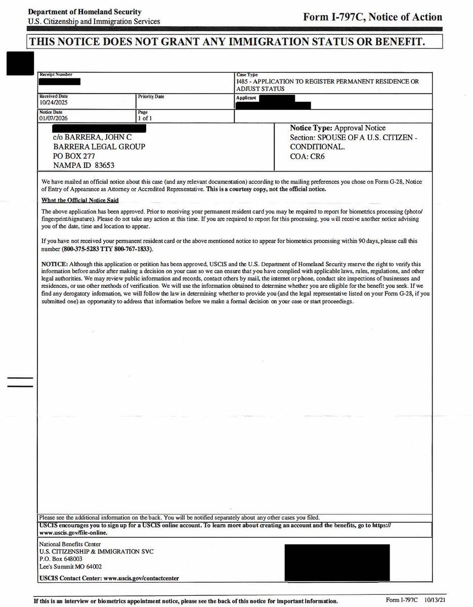 BarreraLegal's tweet photo. Approved Jan 7, 2026 ✔

Marriage-based I-485 approved (CR6).

Petitioning for your spouse? Strategy matters.

📞 (208) 466-1800 | 665-8760
🌐 https://t.co/IXzaP1QuQ1
🔗 https://t.co/LGJGkaxGKQ
#ImmigrationLawyer #GreenCard #AdjustmentOfStatus https://t.co/9NlPGVz6DU