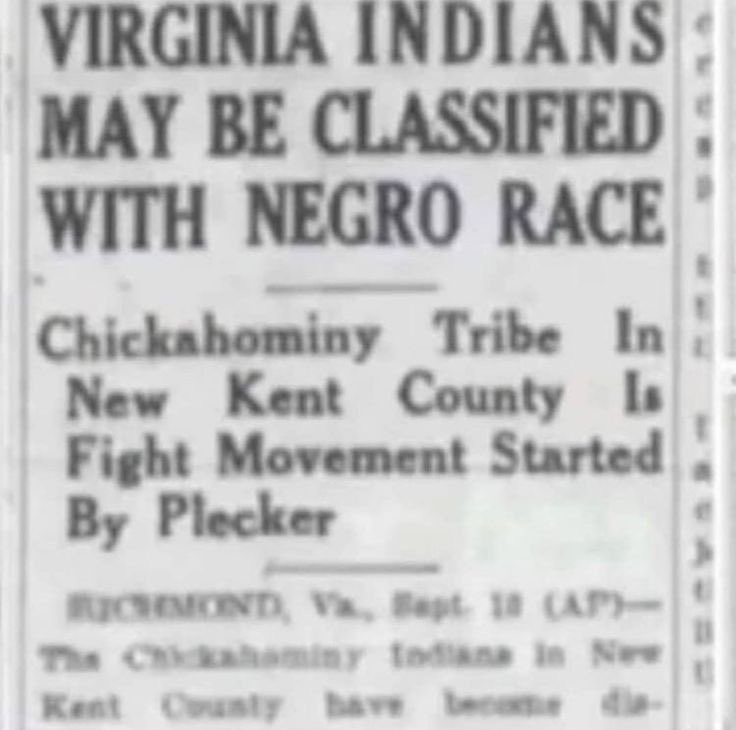 Virginia Indians May Be Reclassified With Negro Race