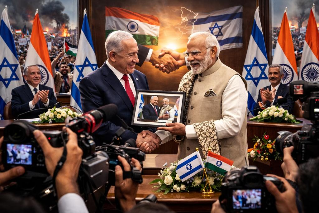 kronosalert's tweet image. #BREAKING: Netanyahu gifts Modi a personal photo. Calls him "not just a partner but a personal friend." The ICC wanted man just got the world's most powerful democracy on his side. #ModiNetanyahu