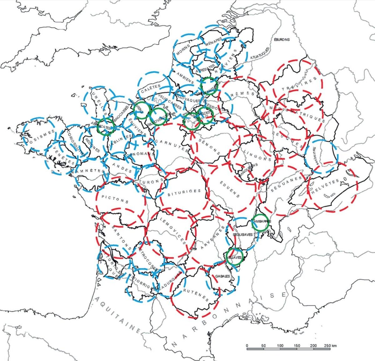 Une caractéristique quasi unique de la France très méconnue, c'est que les subdivisions de notre territoire sont quasiment stables de l'âge du bronze à 1789 et encore aujourd'hui recoupent à 50% les territoires des tribus gauloises.

Jules César conquiert 120 tribus gauloises.