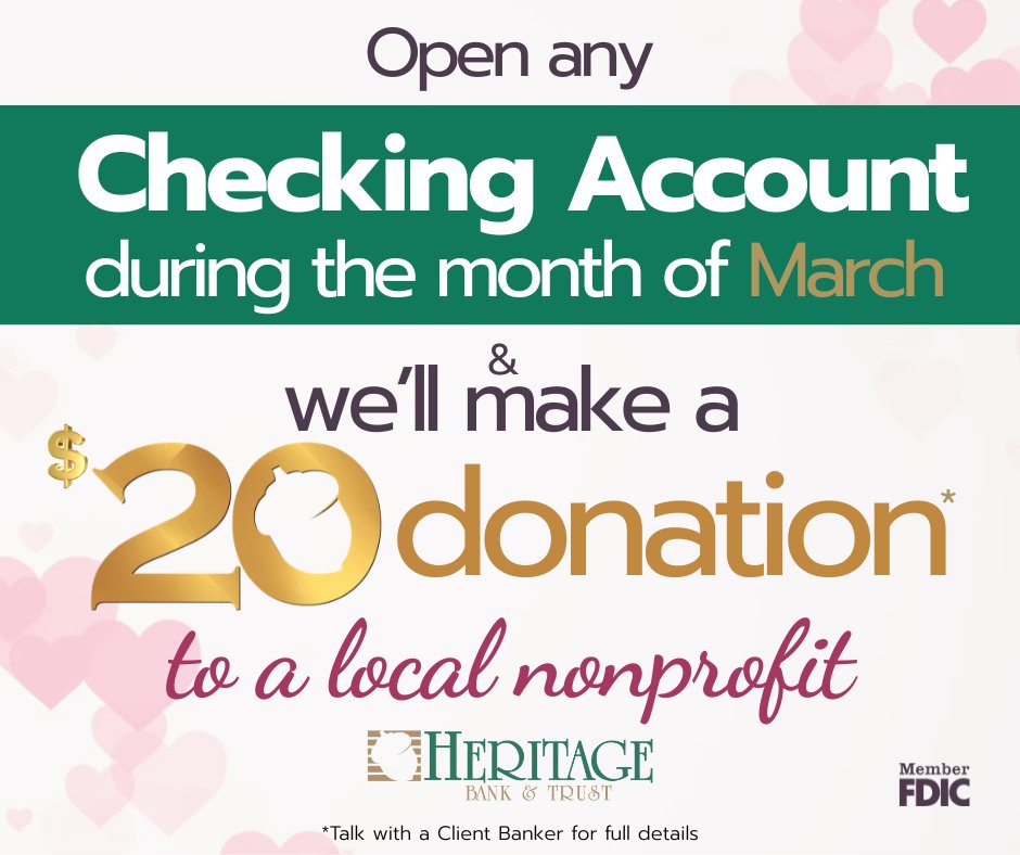 ✨💚Open any new checking account during the month of March, and we will make a $20 donation to a local nonprofit! Visit your local branch for more information about the designated nonprofits and help us celebrate by giving back to the community. #20years #weloveourcommunity