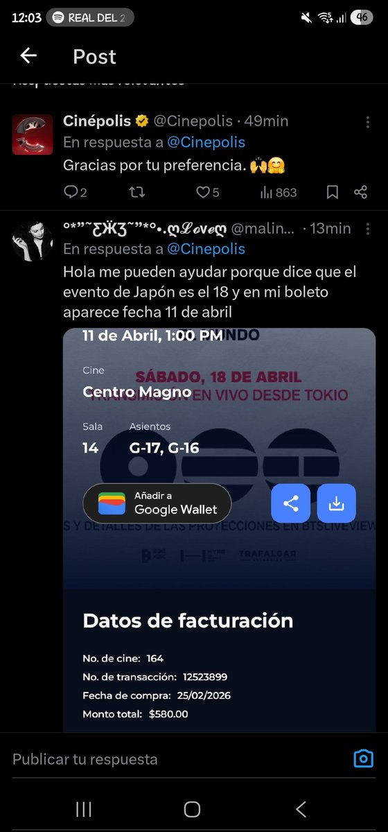 malinaly's tweet photo. @AyudaCinepolis @ArmyMandari Hola disculpen aqui me pueden ayudar pq mi boleto sale fecha diferente a cuando se va a trasmitir el concierto de bts Japón que es el 18 https://t.co/iE4xfwYxsx