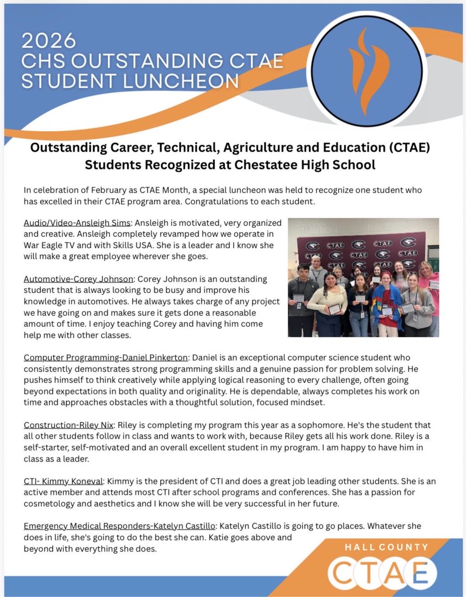Hallcounty_wbl's tweet photo. Continuing to celebrate #ctemonth! Today we feature Chestatee High School! @Hall_Schools @GeorgiaWBL1 @GeorgiaCTAE https://t.co/OLuijRW3qS