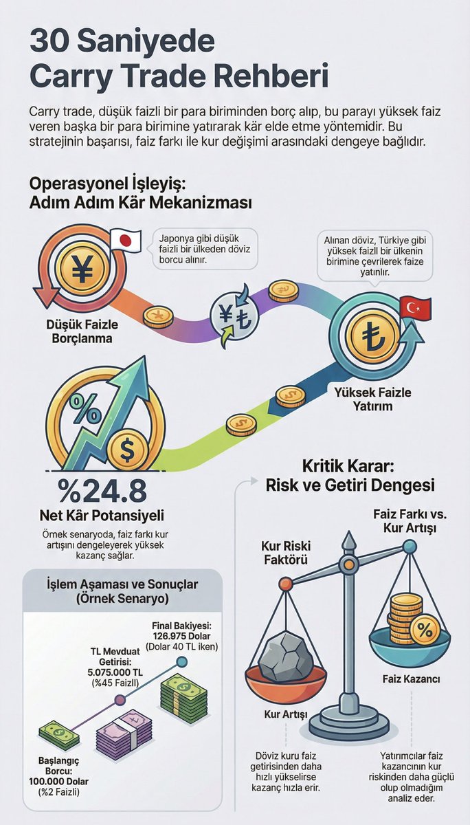 Carry Trade nedir? (30 saniyede net örnekle anlatayım.)

Japonya’da faiz çok düşük.
Mesela yıllık %2.

Sen gidip 100.000 dolar borç alıyorsun.

1 yıl sonra geri ödemen gereken para:
102.000 dolar.

Şimdi parayı Türkiye’ye getiriyorsun.

Diyelim ki dolar kuru 35 TL.

100.000