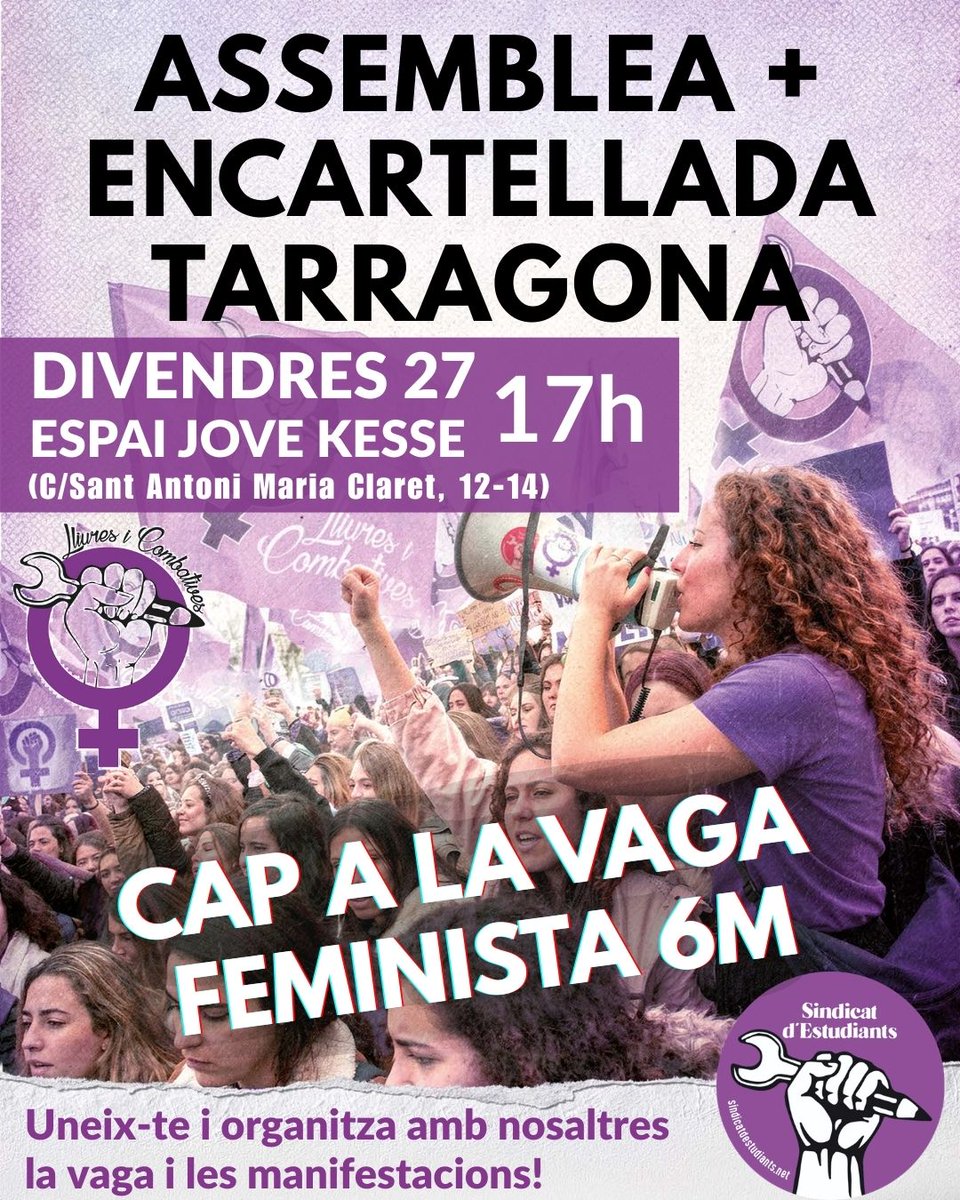 🟣 TARRAGONA • ASSEMBLEA I ENCARTELLADA FEMINISTA!

Vine aquest divendres i organitza amb nosaltres la vaga feminista 6M! El masclisme ens colpeja als nostres instituts i facultats, a la feina, a la família i als carrers. Ens assetgen, ens violen i ens maten! Ja n’hi ha prou! ✊🏾