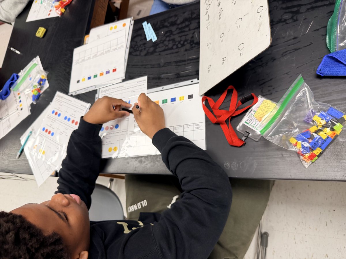 MrsDaniWright's tweet photo. It’s Small Group Wednesdays! Implementing the plan. 8th grade @HopperMS Huskies building models to show how an atoms are rearranged in a chemical reaction. There’s Kim again! #WeAreThePack #SGI #moonshot @CFISDScience https://t.co/h6Nz6LtlwQ