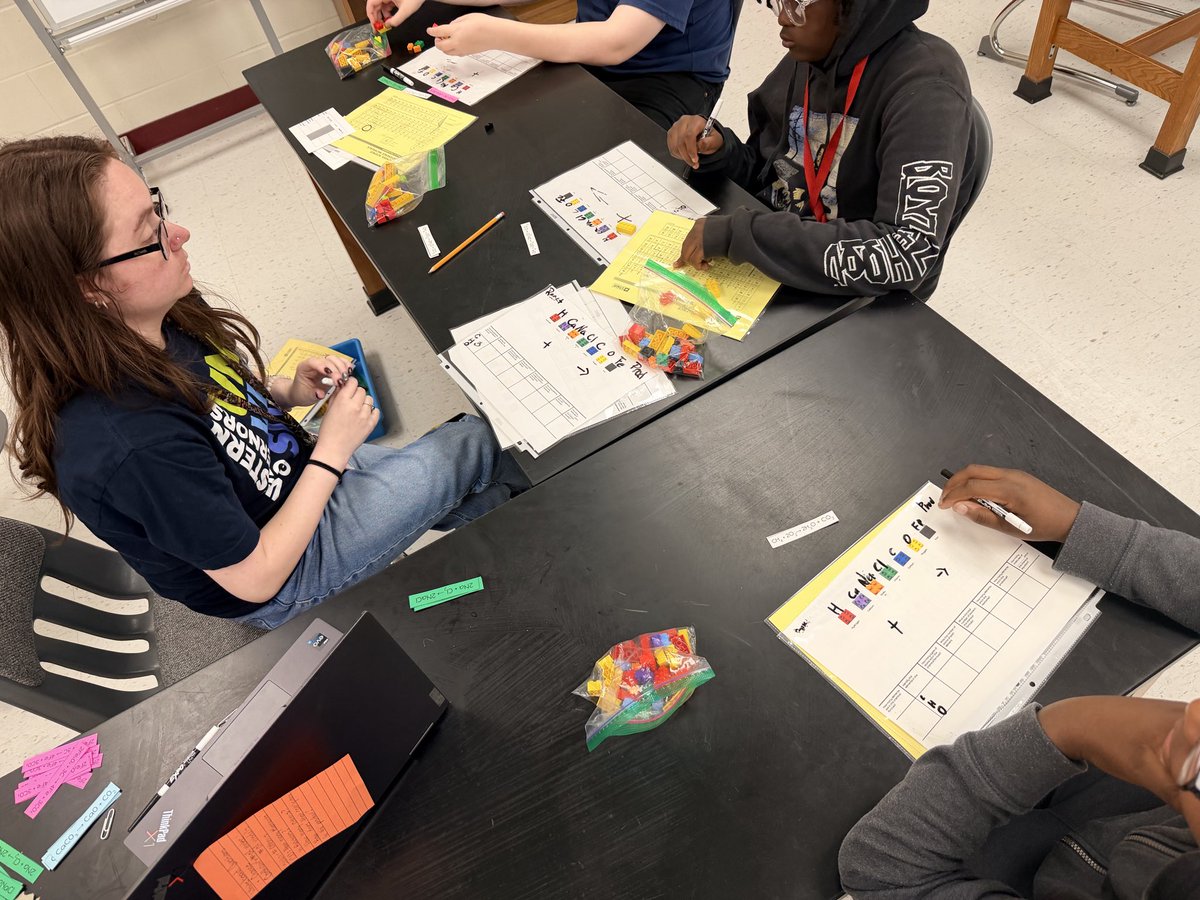MrsDaniWright's tweet photo. It’s Small Group Wednesdays! Implementing the plan. 8th grade @HopperMS Huskies building models to show how an atoms are rearranged in a chemical reaction. There’s Kim again! #WeAreThePack #SGI #moonshot @CFISDScience https://t.co/h6Nz6LtlwQ