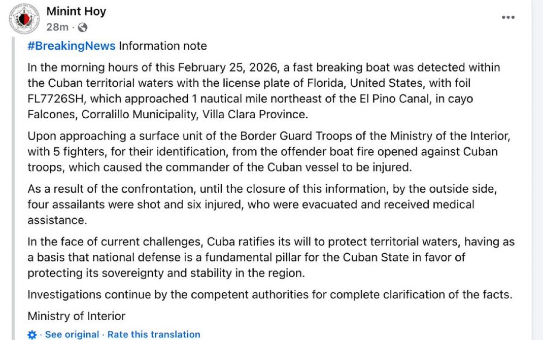 WorldDailyFeed's tweet image. 🚨🇨🇺🇺🇸 BREAKING: Cuban coastguard opens fire on a US-registered speedboat — 4 dead, 6 injured in an exchange of fire off Cuba’s coast.

Major international incident unfolding. Details still coming in. 😳