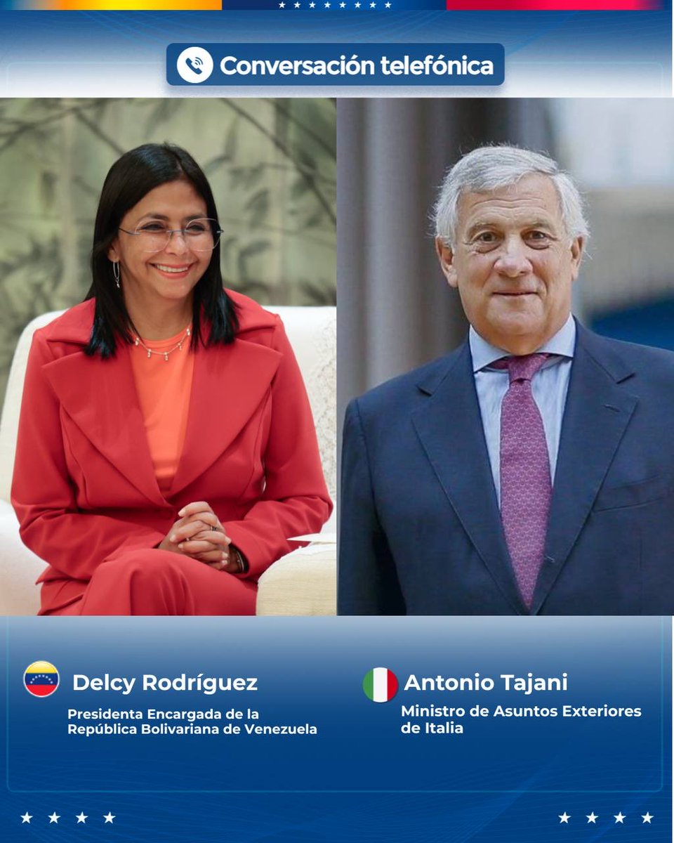 Sostuve llamada telefónica respetuosa y constructiva con el ministro de Asuntos Exteriores de Italia, Antonio Tajani. Abordamos aspectos claves de la cooperación bilateral entre Italia y Venezuela, así como la agenda económica común para fortalecer el intercambio y la inversión.
