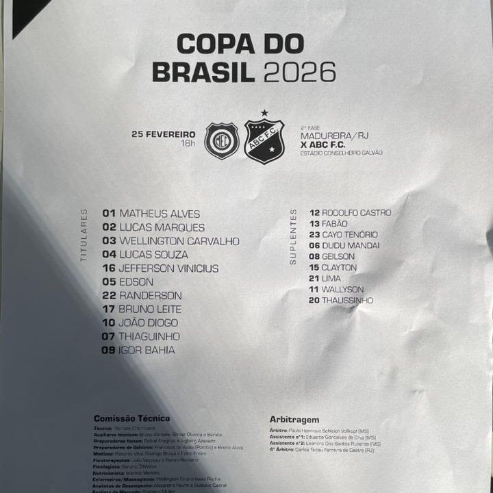Escalação do ABC. Randerson é a novidade.