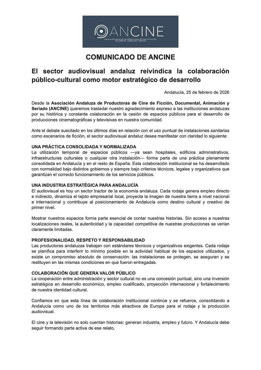 COMUNICADO DE ANCINE

El sector audiovisual andaluz reivindica la colaboración público-cultural como motor estratégico de desarrollo