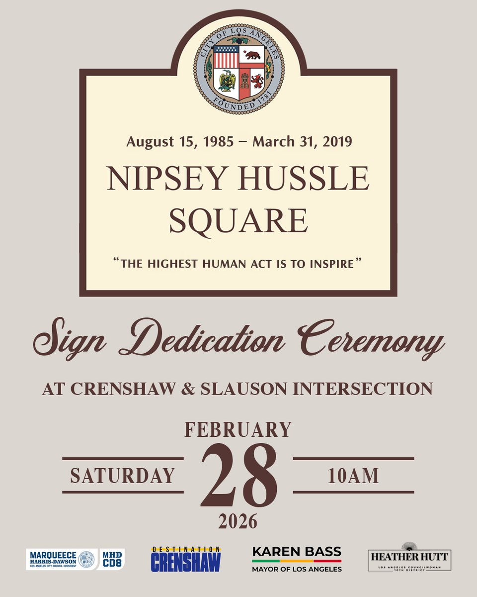 Nipsey Hussle receives another posthumous honor, as the Los Angeles intersection of Crenshaw Boulevard and Slauson Avenue will soon be named Nipsey Hussle Square.

The sign dedication ceremony will take place on Feb. 28 at 10 a.m. PST. Nipsey's brother Blacc Sam will be in