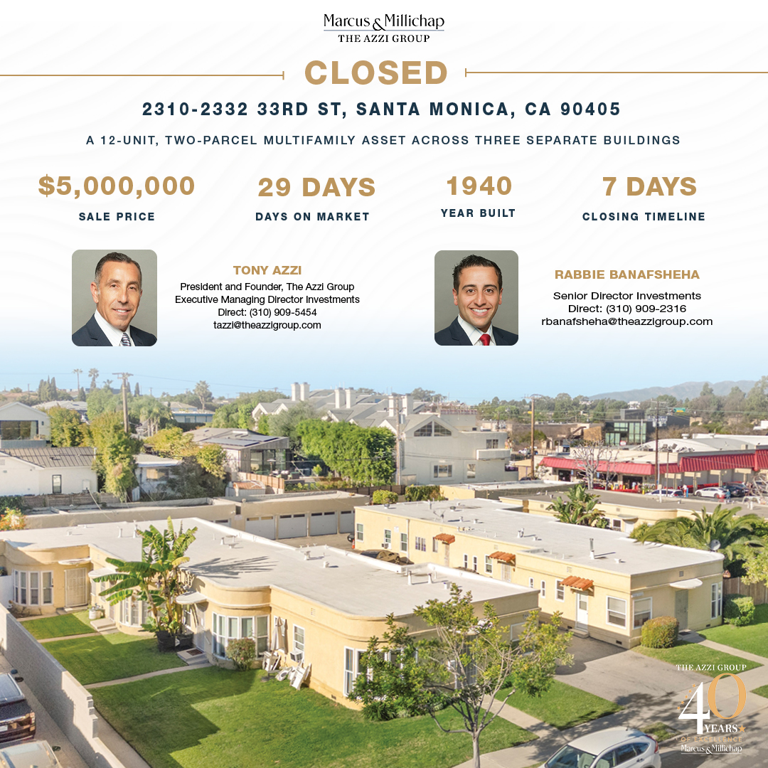 TheAzziGroup's tweet photo. 🚨 Just Closed 🚨

2310–2332 33rd St | Santa Monica

12-unit, two-parcel coastal asset secured in 29 days with an accelerated 7-day close.

$5.0M | 29 DOM | 7-Day Close

#JustClosed #SantaMonica #Multifamily #CRE #CoastalInvestment #Sold #TheAzziGroup #MarcusMillichap #Investment https://t.co/beb25doplo