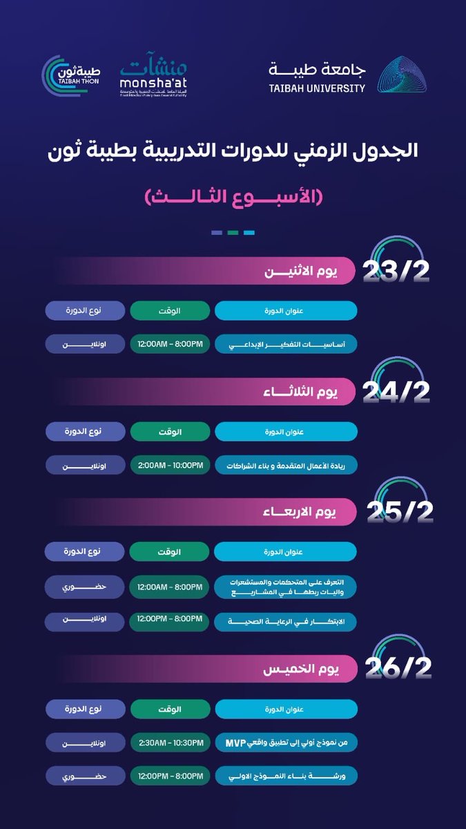 يسرّني أن ألتقيكم غدًا بإذن الله، في تمام الساعة 10:30 مساءً، لتقديم دورة:
 'من نموذج أولي إلى تطبيق واقعي'، 

ضمن الدورات والبرامج المصاحبة لمسابقة طيبة ثون، كل التوفيق والنجاح للمشاركين في المسابقة 👏🏻.