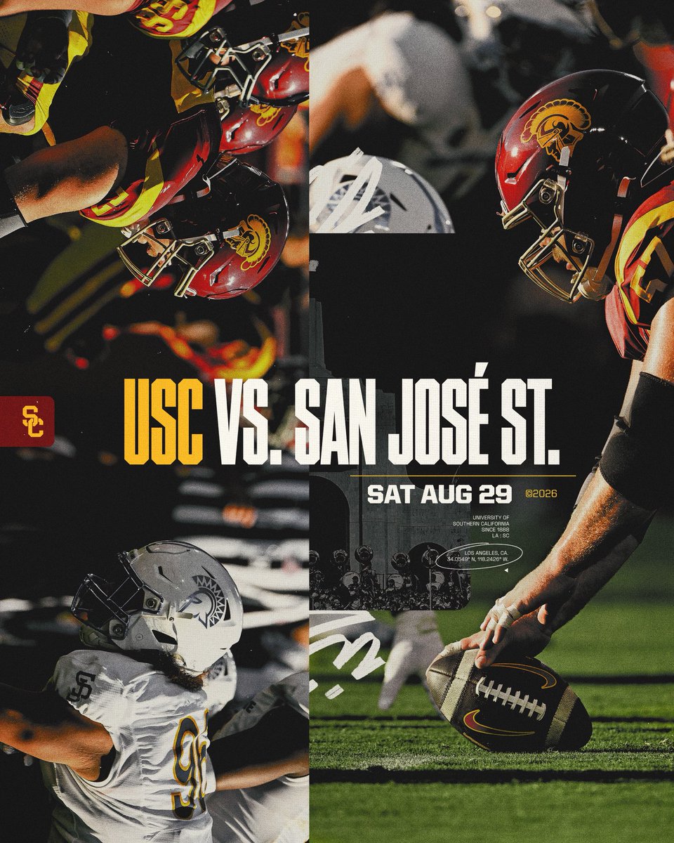 uscfb's tweet photo. The Trojans are set to take on San José State on August 29th, 2026 📅 https://t.co/jCcUojlUDa