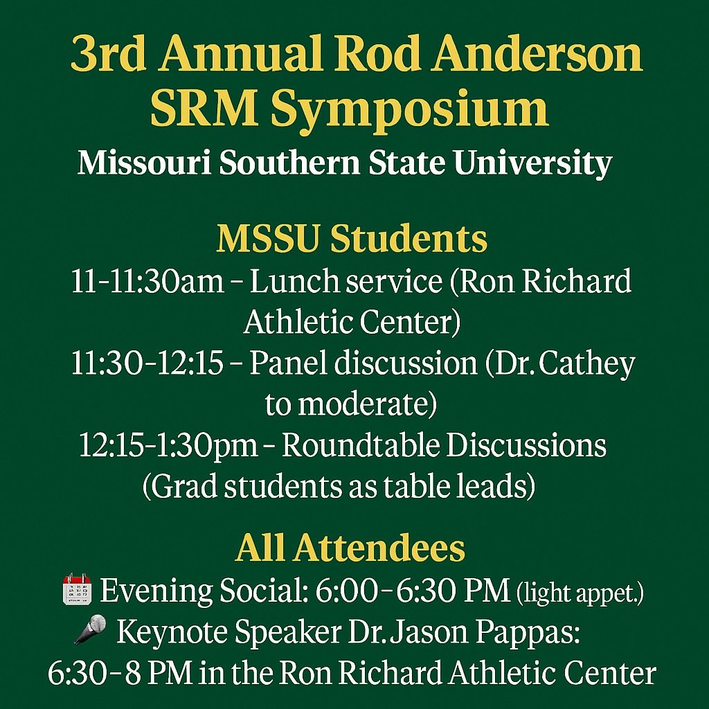 Join us at the 3rd Annual Rod Anderson SRM Symposium at Missouri Southern State University! 

Connect with sport leaders, explore careers, and see how sports impact our communities. Turn your passion for sport into a profession. #MSSU #SportManagement 

tinyurl.com/3pbu5tte