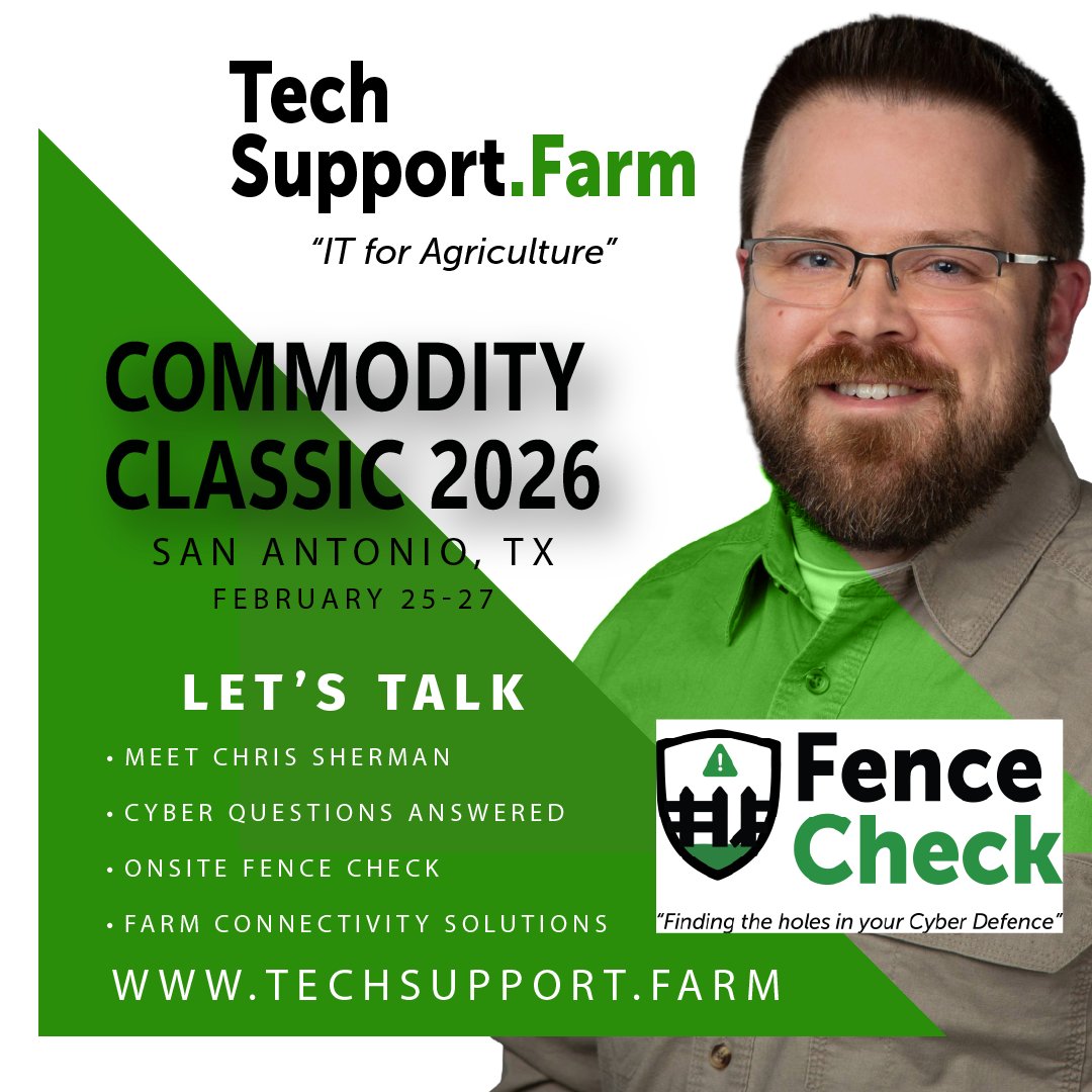 TechSupportFarm's tweet photo. Commodity Classic is here! Got questions? We have answers!! Set up a meeting today!
We’ll be in San Antonio all week recording with Farm4Profit, Shark Farmer, and other ag media partners and connecting with farmers and ag leaders throughout the show.
If you’re attending and have cybersecurity concerns, connectivity questions, or want to run through a quick Fence Check, let’s talk.
Get your questions answered while we’re onsite. https://t.co/fL0nGKSnOc
#CommodityClassic #ITforAgriculture #AgTech #FarmSecurity